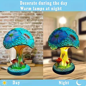 Hand-Painted Resin Mushroom LED Night Light - USB Powered, Decorative Ornament with Floral Design for Indoor & Outdoor Use, Perfect for Halloween, Christmas, Easter, Thanksgiving & Ambient Lighting, Mushroom Decor
