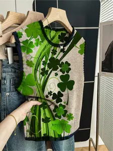 1 Piece Women's Loose Crew Neck Sleeveless Knit Top Fitted, Spring Summer Casual Knitwear, Dark Blue Trim, Contrast Green Patchwork Print, For Daily & Outdoor Wear, Match with Vest Womenswear