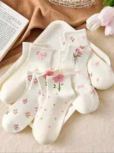 Women's Floral Bow Embroidered Cute Socks, Low-Cut Short Ankle Socks, Moisture-Wicking Fit Comfortable Mid-Calf Socks for Spring & Summer