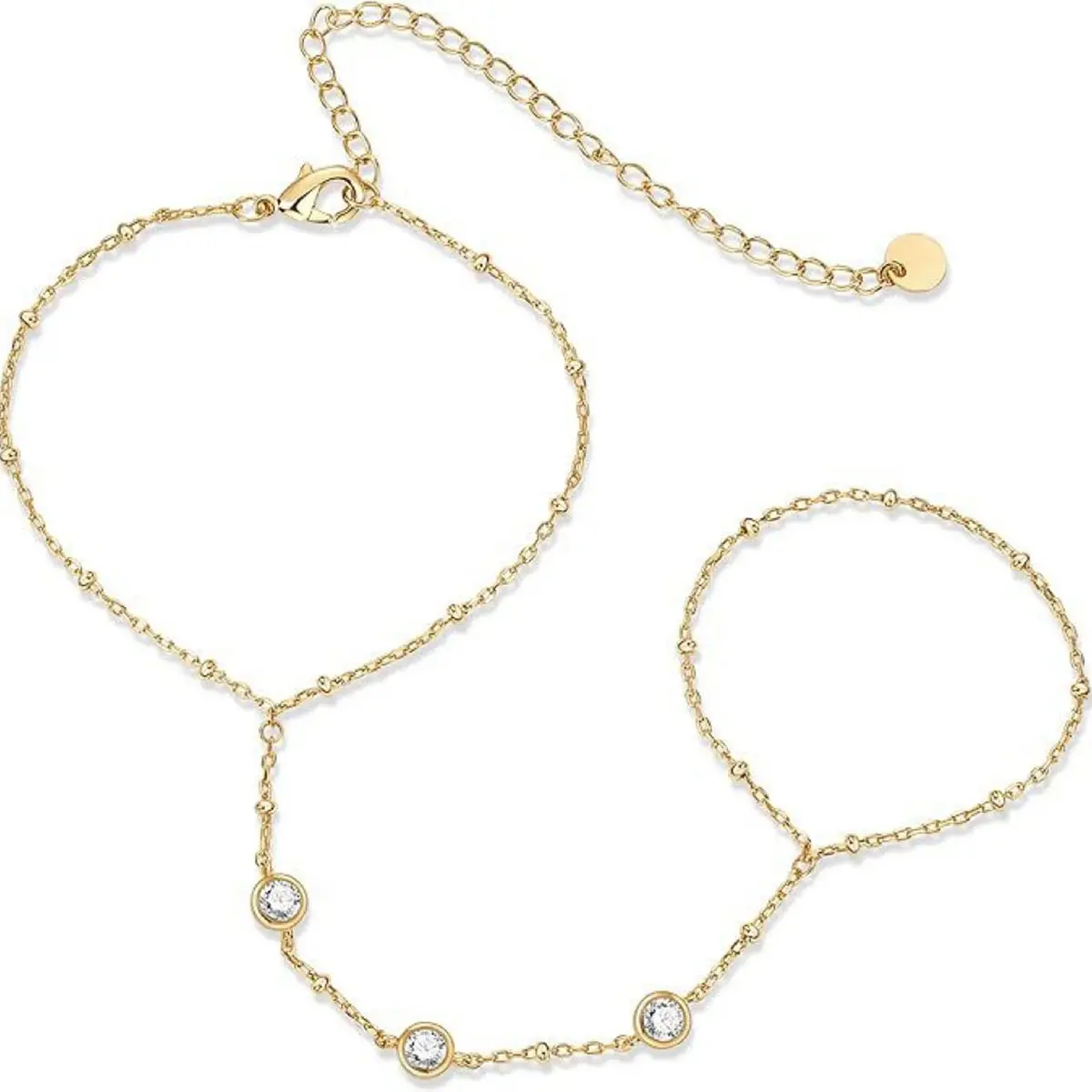 Women's Yellow Gold-Plated Minimalist Casual Rhinestone Beads Adjustable Size Lightweight Cubic Zirconia Hand Chain Bracelet with Ring, Fashion Costume Jewelry Bracelet Accessory