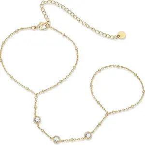 Yellow Gold Plated Hand Chains Bracelet for Women,Dainty Cubic Zirconia Bracelet and Ring Chain, Body Jewelry