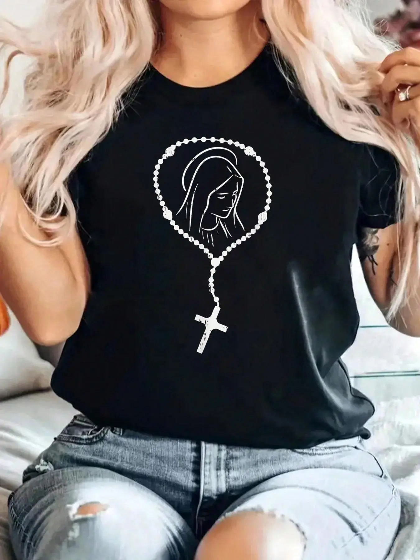 Women's Printed Graphic Tshirt, Casual Loose Fit 100% Soft Cotton Shortsleeve Top, Summer Style for Layering with Jackets, Casual Top