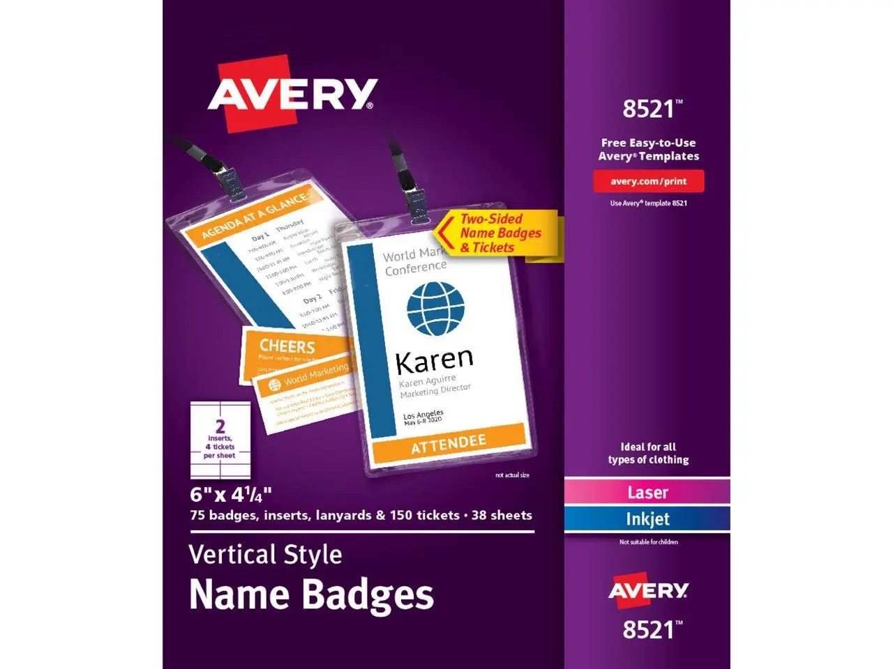 Avery Vertical Name Badges & Tickets, Durable Plastic Holders, Lanyards, 6" x 4-1/4", 75 Badges (8521)