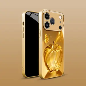 Advanced Gold Transparent Crystal Apple Pattern Electroplated Glass Phone Case Suitable for iPhone 17 16, 15, 14, 13, 12, 11 Plus Pro Max