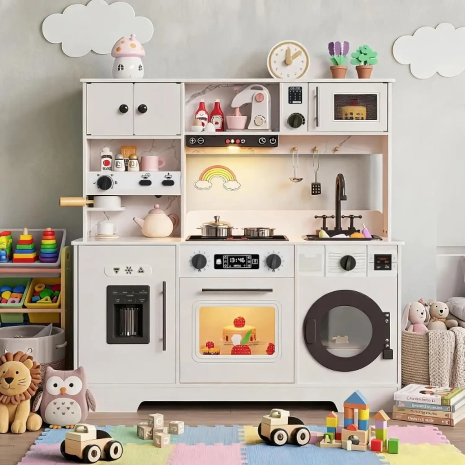 Hosslly Unisex Kids' 8-in-1 MDF Wood Play Kitchen - Real Lights & Sounds, 11 Accessories, Ample Storage, Induction Stove, 3 Cookware Items, Miniature Cooking Set - Ideal Kids Toys Gift for Ages 3+