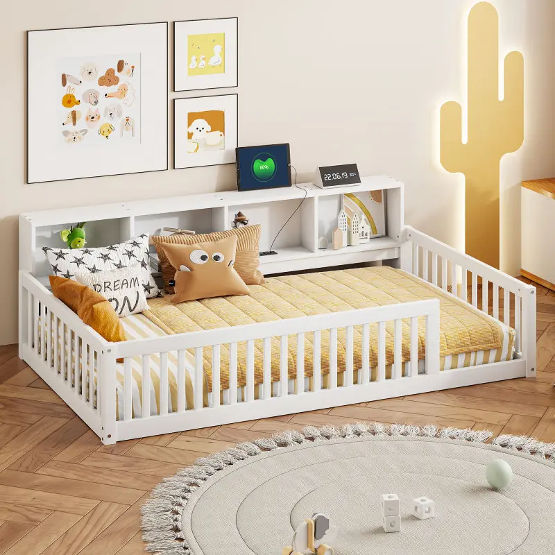 【Bellemave】Wood Twin XL Size Floor Bed with Storage Cabinets and USB Ports, White
