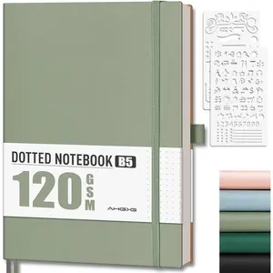Dotted Journal - Dot Grid Notebook Journal, 120 GSM Thick Acid-Free Paper, Large B5 Dotted Notebook 96 Pages, Leather Softcover, Inner Pocket, Journal Stencil, 7.6'' X 10'' - Sage Green