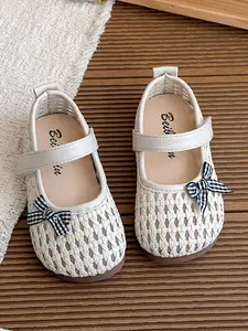 Breathable Knitted Single Shoe with Bow Velcro, Princess Style Mary Jane Shoes for Girls, Comfortable and Fresh Design