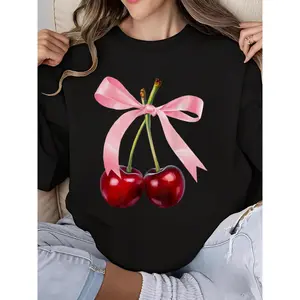 Cherry Blossom Pink Bow Red Aesthetic Print Y2K Crew Neck Long Sleeve Sweatshirt for Women Girls Kawaii Cute Streetwear Fashion Top