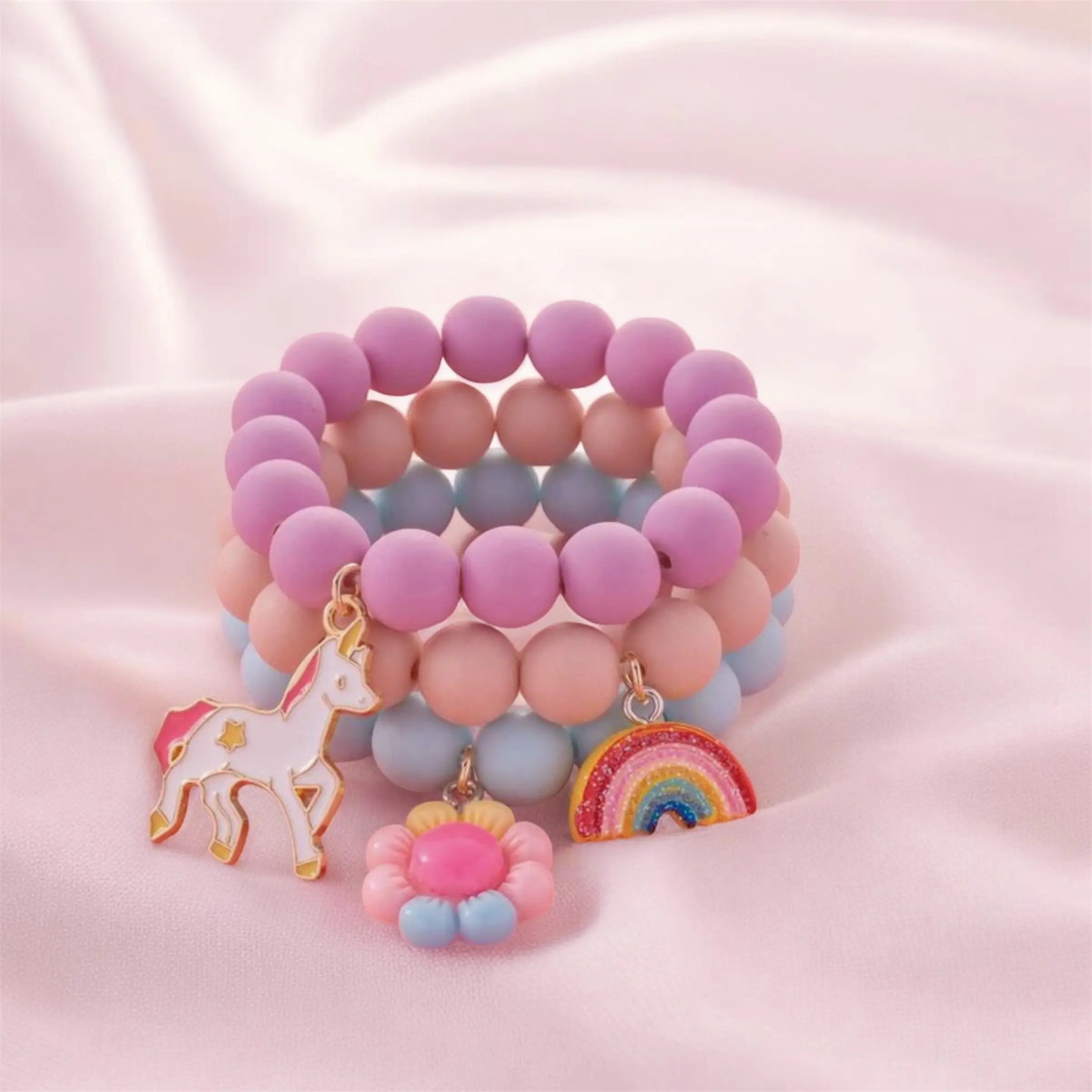 Beaded Charm Bracelet with Cotton Candy-Colored Beads Rainbow & Unicorn Charms for Girls Versatile Anime-Inspired Accessory