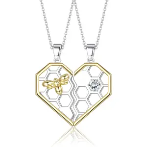 FINREZIO 1 Pc Golden Silvery Trendy Split Heart Bee Honeycomb Necklaces for Women Men High-quality Copper with Delicate Swarovski Crystal Shining CZ Matching Pendant Necklaces for Couple Mother's Day Holiday Gift Giving