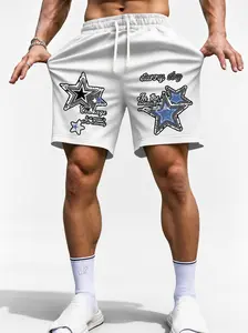 Men’s summer regular-fit cotton shorts featuring a unique star print and lettering. Fashionable casual men’s athletic drawstring elastic-waist shorts with pockets—ideal for running, golf, fishing, basketball, camping, gym workouts, swimming, and the beach