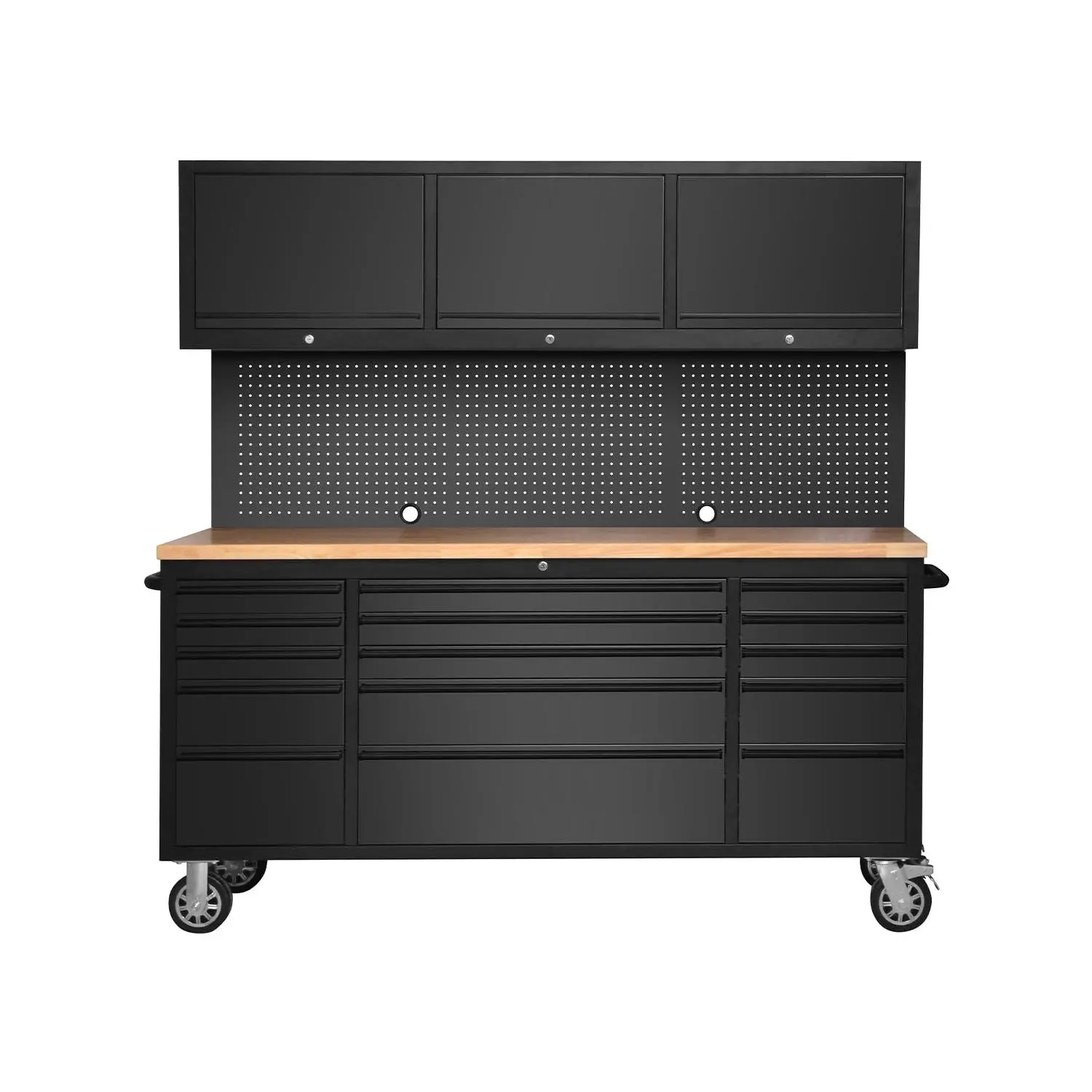 Gaomon Heavy-Duty Steel Frame Rolling Tool Chest Cabinet - 72x18x73.6in, 15 Lockable Drawers, 3 Upper Cabinets, Pegboard Grid, Locking Wheels, Rubberwood Top, Side Handles, Mostly Pre-Assembled, 100Lb/Drawer Load, 404.55Lbs Total Load, Garage Workbench
