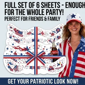 6-Piece 4th of July Patriotic Red White Blue Glitter Freckles & Star Face Tattoos, USA Independence Day Women's Festive Makeup Accessories