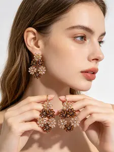 Handmade Beaded Crystal Flower Hoop Earrings, Artisanal Floral Statement Earrings for Women, Brown & Clear Crystal Design, Lightweight Elegant Style, Perfect for Weddings, Parties, Bridal Events & Daily Wear, Trendy Handcrafted Jewelry