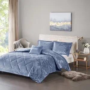 Intelligent Design Felicia Velvet Comforter Set with Throw Pillow - Twin & Twin Extra Large, Blue, 68x90x1in, Bedroom Bedding Set, Soft Bedding Option, Soft Bedding Sets