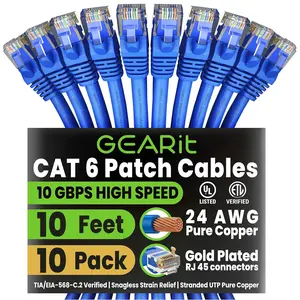 GEARit Cat 6 Ethernet Patch Cable 10 ft Blue (10 Pack) - Cat6 Patch Cables 10ft Blue/Ethernet Patch Cable, 10Gbps 550MHz 24AWG Pure Copper, Snagless, Gold Plated RJ45 for Router, Server, Router, PC