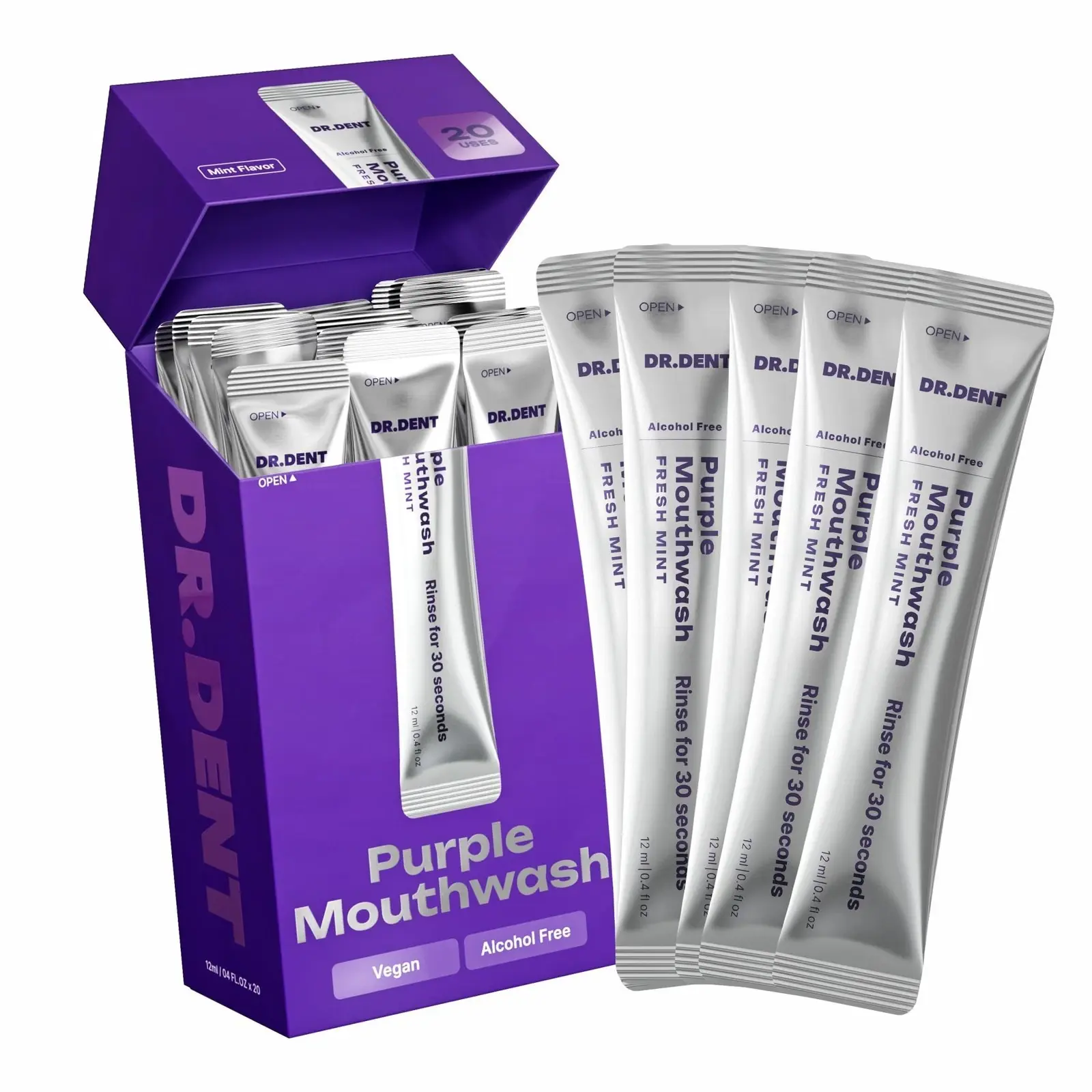 DR.DENT Purple Mouthwash for Teeth Whitening - Color Correcting Sachets - Peroxide & Alcohol Free - Freshens Breath - Vegan Mint Flavor - 20 pc