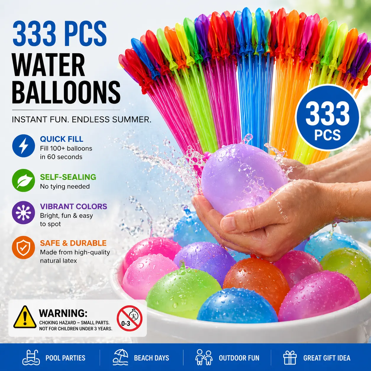 Colorful Water Balloon, 333pcs/set Random Color Water Balloon, Party Supplies for Birthday Wedding Festival Graduation, Kiddie Swimming Pool, Reusable Water Balloons for Water Play, Water Balloon Fun, Water Balloon Decorations