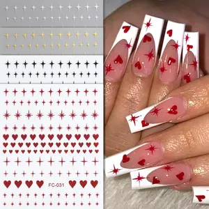 3D Heart Nail Art Stickers, Nail Art Sheet in Burgundy Red, Black, Metallic Gold & Silver, Mixed Sizes Cross Star Nail Decals, Cute Love Starburst Design, Self-Adhesive Peel-and-Stick Nail Decorations for DIY Manicure, Women & Girls