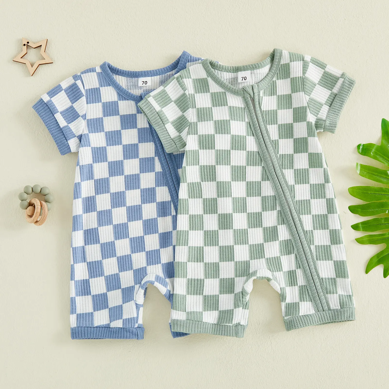 Infant Baby Boy Summer Waffled Jumpsuit Checkerboard Print Short Sleeve Zipper Romper 0-18 Months