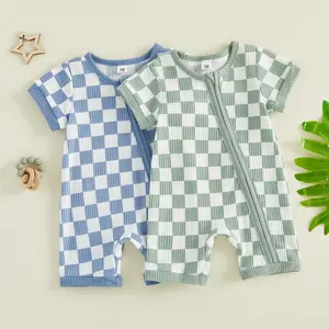 Toddler Infant Baby Boy Summer Waffled Jumpsuit Checkerboard Print Short Sleeve Round Neck Zipper Romper Onesie Jumpsuit