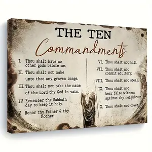 1pc High Quality Poster Inspirational Retro Canvas Wall Art, Jesus Painting With Wooden Background And Ten Commandments Ready To Hang -perfect Room Decoration Gift