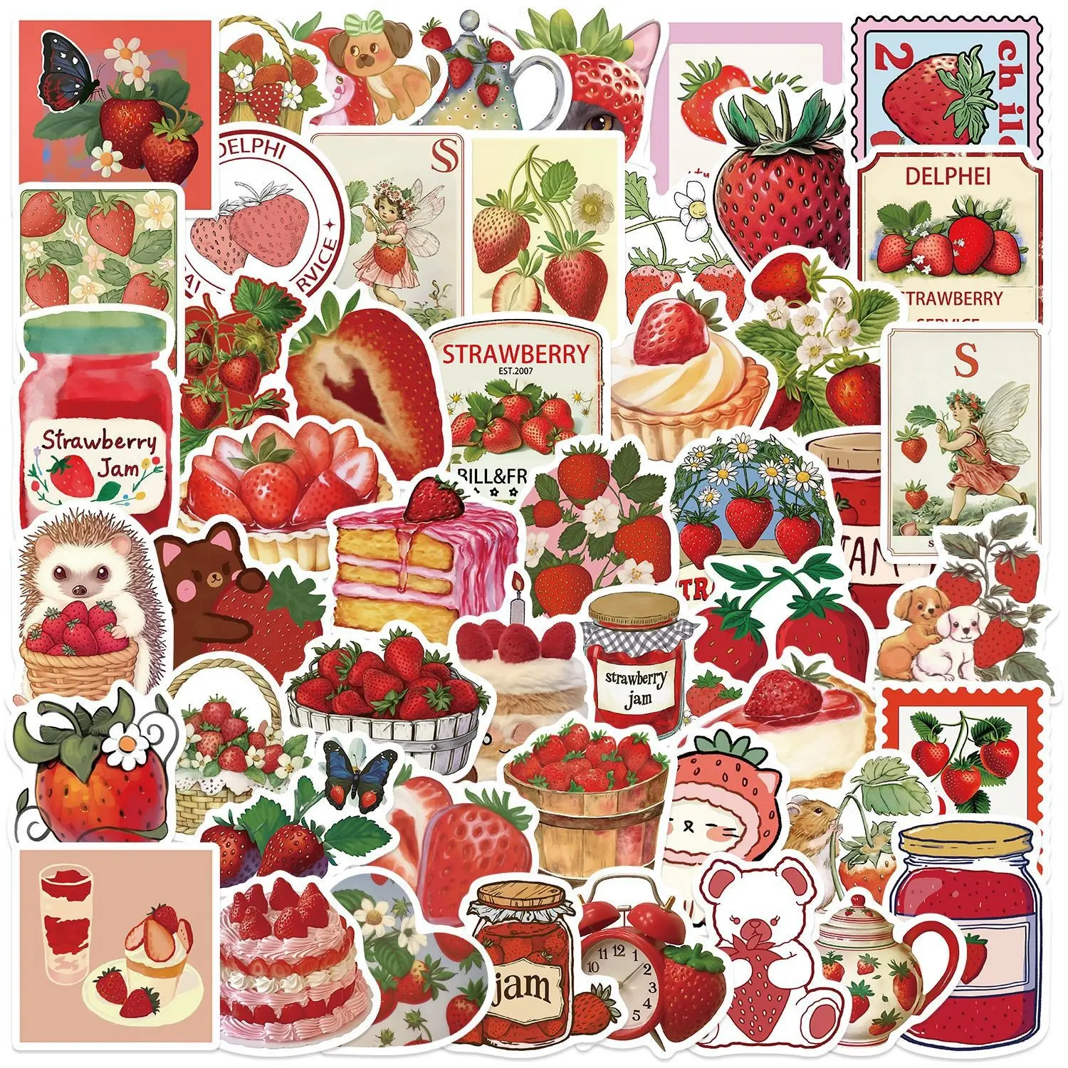 50 Cartoon Strawberry Creative Stickers, DIY Decorative Guitar Notebook Luggage, Waterproof Flat Stickers, No Ca Prop 65