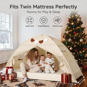 49*77*40 Golden Beige Large Twin Bed Canopy Tent with Lights Flags - Kids Bedroom Privacy Play Sleeping Tent Indoor Imaginative Soft Creative Toddler Outdoor Playhouse