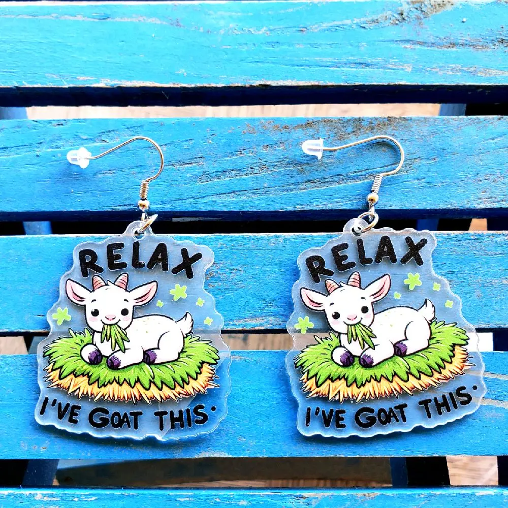 #42 Relax I’ve Goat This Earrings | Cute Acrylic Goat Earrings | Funny Farm Animal Jewelry | Kawaii Dangle Earrings | Funky Gift for Her