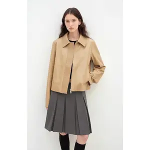 Two-Tone Wax Sheepskin Short Jacket Leather Coat Women
