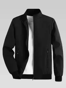 Men's Solid Zip Up Funnel Neck Jacket, Regular Fit Casual Long Sleeve Pocket Outerwear for Daily Wear, Men's Clothing for All Seasons