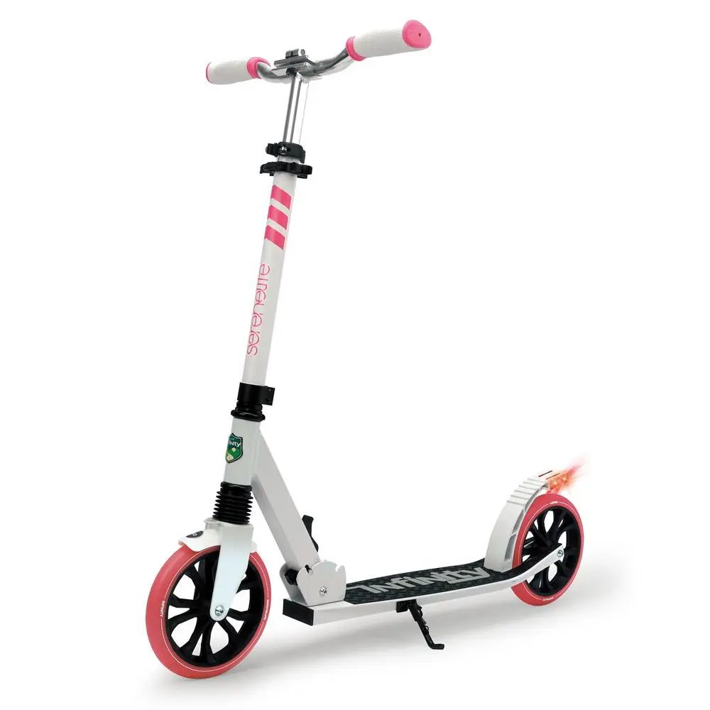Folding Kick Scooter for Teens - Pink | Adjustable Handlebar Height, Non-Slip Rubber Deck, 8" Polyurethane Wheels, Front Suspension, Carry Strap, Warning Bag & LED Light - Indoor-Outdoor Use - Ideal Gift, Smooth Wheels, Alloy Frame, Indoors/Outdoors, 8" W