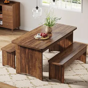 Tribesigns 3-Piece Dining Table Set 55" Rectangular Table with 2 Benches for 4-6 People Rustic Brown Farmhouse Style Engineered Wood Dining Room Set Tribesigns 3-Piece Dining Table Set 55" Rectangular Table with 2 Benches for 4-6 People Rustic Brown Farmhouse Style Engineered Wood Dining Room Set