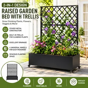 Metal Raised Garden Bed with Wheels and Trellis Large 73x47x16 Planter Box for Climbing Plants Vines Vegetables Outdoor Patio Privacy Screen Drainage Holes Mobile Herb Planters Container Backyard Mobile Greenhouse