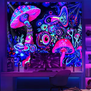A Tapestry Featuring a Glowing Fantasy Eye Mushroom, Complemented by an Aesthetic Design of The Moon And Stars.This UV Black Light Reactive Fluorescent Tapestry Serves As a Versatile Backdrop for Outdoor Parties