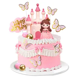 19PCS Princess Cake Topper Castle Cake Decoration with Butterflies and Balls for Princess Birthday Supplies (Pink)