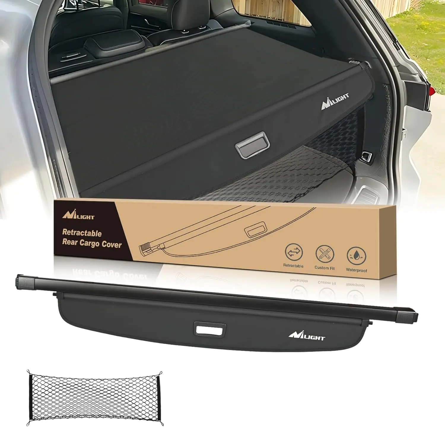 Nilight Custom Fit Snap-In Retractable Trunk Cargo Cover with Storage Net - Water Resistant, Tool-Free Rear Security Shade for Jeep Grand Cherokee 2-Row WL 2022-2024, Travel-Friendly Automotive Accessory for Clean Look, Vehicle Accessories