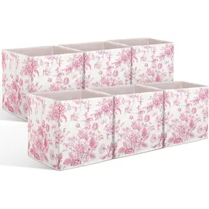 6 Pcs Pink Floral Cube Storage Bins 11 Inch Pink Flower Storage Basket with Handle, Preppy Girls Organizer Basket, Collapsible Fabric Box for Classroom Bedrooms Office Home Decoration Gift