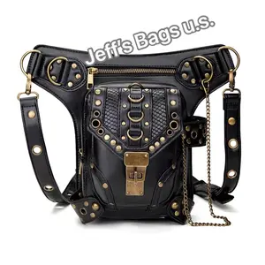 No.4 Punk Vintage Steampunk Waist Bag Fanny Pack Fashion Gothic Leather Shoulder Crossbody Messenger Bags Thigh Leg Hip Holster Purse Travel Pouch Hiking Sport Chain Bags for Women Men