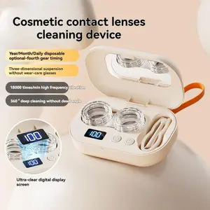 Ultrasonic Rechargeable Contact Lens Cleaner with Vanity Mirror, Portable Case for Hard & Soft Lenses, 2 Cleaning Modes, Travel, Sports, Office, Home