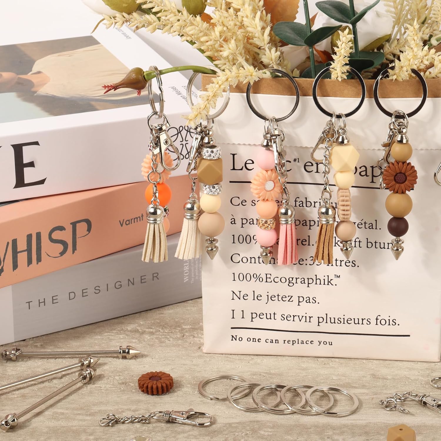 12 Set Beadable Keychains Bars DIY Blank Beadable Keychains Metal Beaded Keychain Sliver Beads Keychain Making Kit for DIY Crafts Supplies Jewelry Making Gift