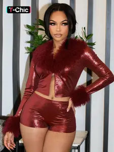 Women's Fashion Snakeskin Print Faux Fur Collar Long Sleeve Fitted Top + Trendy Shorts Set, Fall & Winter Casual, Perfect for Daily Wear, Womenswear