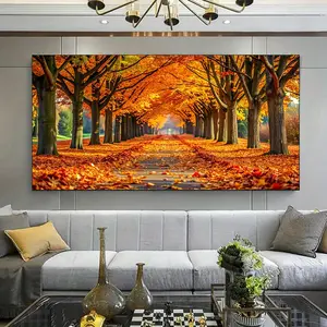 1 piece canvas painting with wood frame, Autumn colors canvas art poster - vibrant falling leaves scenery, warm orange and yellow tones, great seasonal home decor, large canvas wall art for decorating rooms, living rooms, offices, etc.