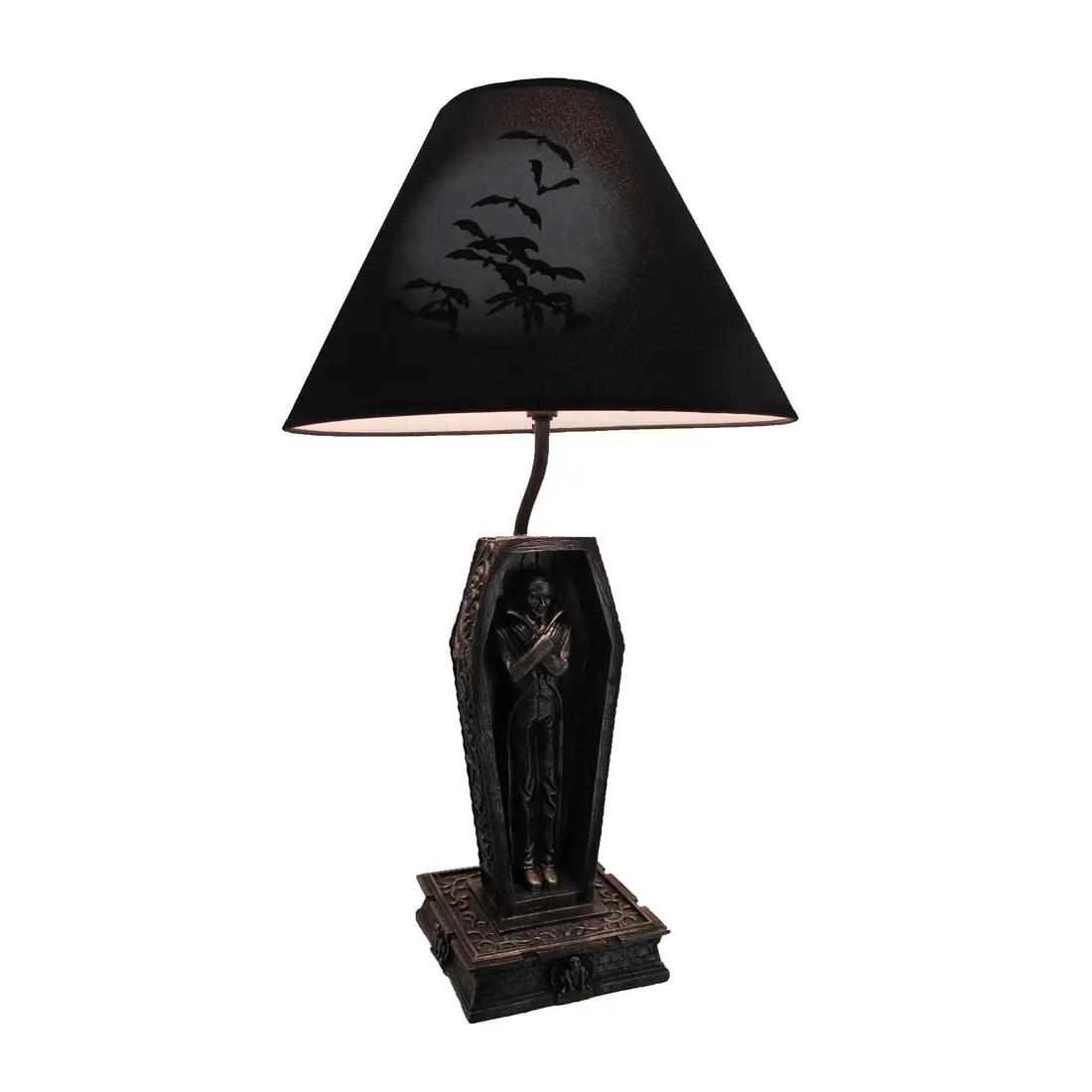 22in Vampire in Coffin Table Lamp - Black Gothic w/ Bat Shade, Spooky Room Ambiance