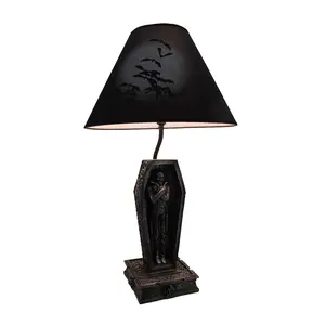 22in Vampire in Coffin Table Lamp - Black Gothic w/ Bat Shade, Spooky Room Ambiance