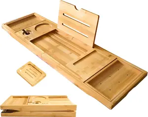 Foldable Bamboo Bathtub Caddy Tray - Expandable to 41 Inches with Non-Slip Pads & Book Stand for Couples Luxury Bath