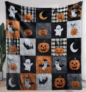 Cozy Halloween Flannel Blanket - Halloween Aesthetic, Spooky Pumpkins, Cute Ghosts, Bats, Moon Patchwork Design for Bedroom Decor