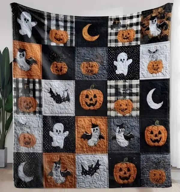 Comfortable Halloween Flannel blanket - In line with the Halloween style, featuring terrifying pumpkins, cute ghosts, bats, and moon patterns. It is produced by  printing technology, not a stitched cotton blanket. Suitable for bedroom decoration design.