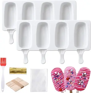 Cake Pop Mold Kit, 2 Pack 8 Cavities Cakesicle Molds Silicone with 100 Wooden Sticks & 100 Packaging Bags with Ties, Cake Pop Maker Supplies Accessories, Baking Tools for Home Baking Desserts